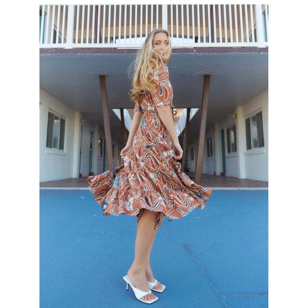 Ulla Johnson Zeenat Silk‎ Floral Batik Tiered Midi Dress Puff Sleeve Copper Sz 4 - Picture 2 of 12